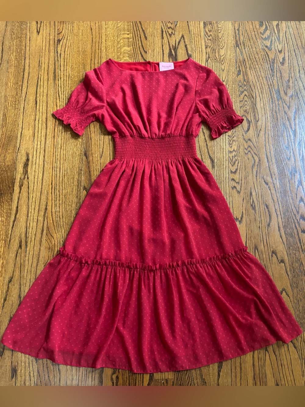 Kate Spade Red Polka Dot Chiffon Smocked Waist Puff Sleeve Midi Size M